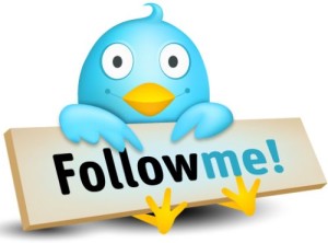 Twitter blue bird holding a sign :"Follow Me!"